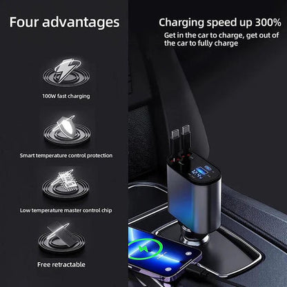 4 in 1 Retractable Car Charger | Fast Charging Efficient 120W PD