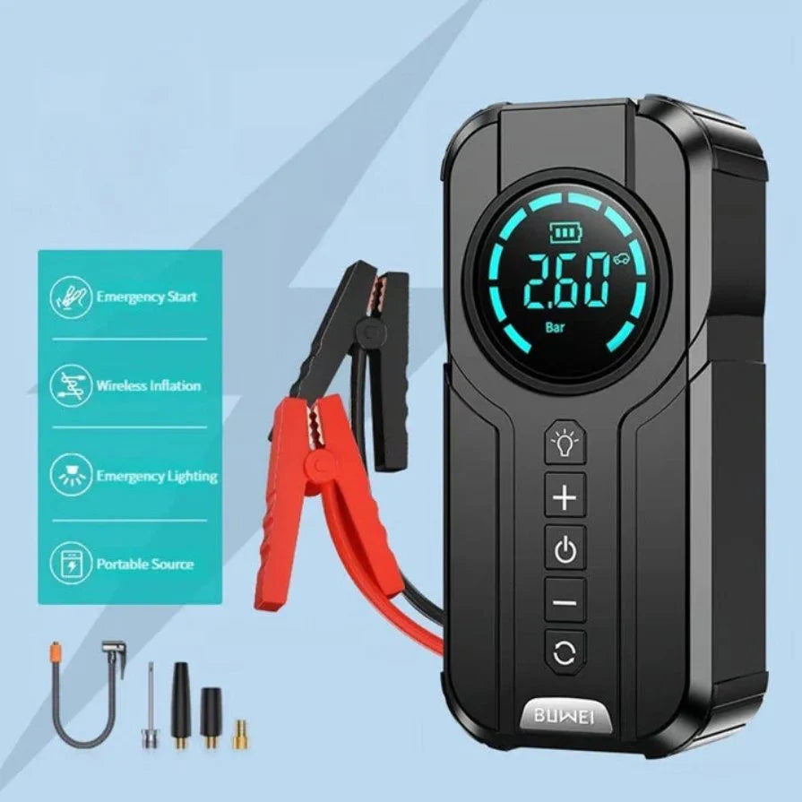 BUVAYE Portable Air Compressor | 4 in 1 Jump Starter | Emergency Power Bank