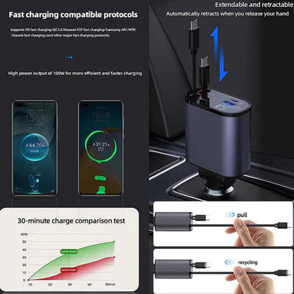 4 in 1 Retractable Car Charger | Fast Charging Efficient 120W PD